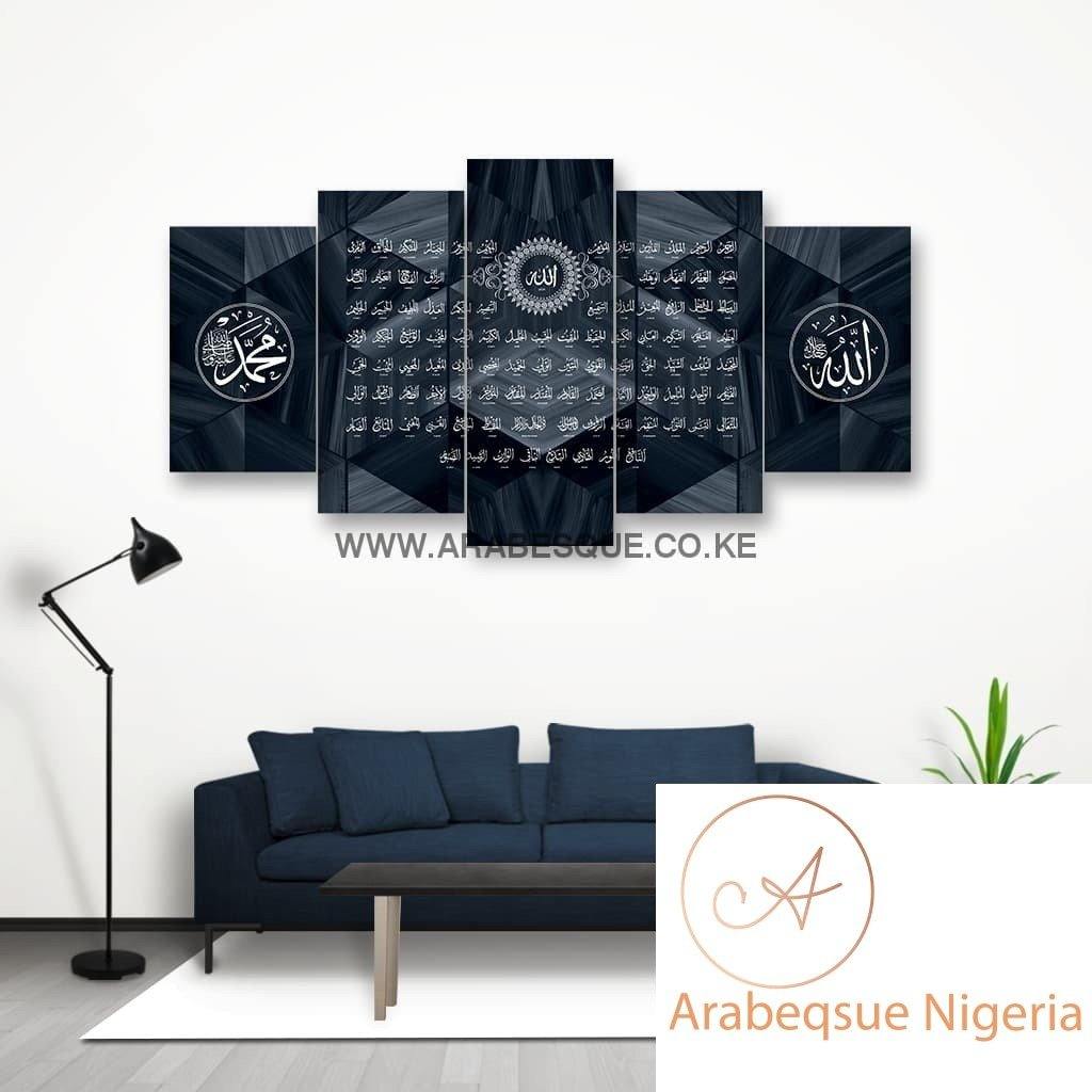 Asma Ul Husna 99 Names Of Allah With Blue Marble Abstract - Arabesque Nigeria-Buy Islamic Art Nigeria
