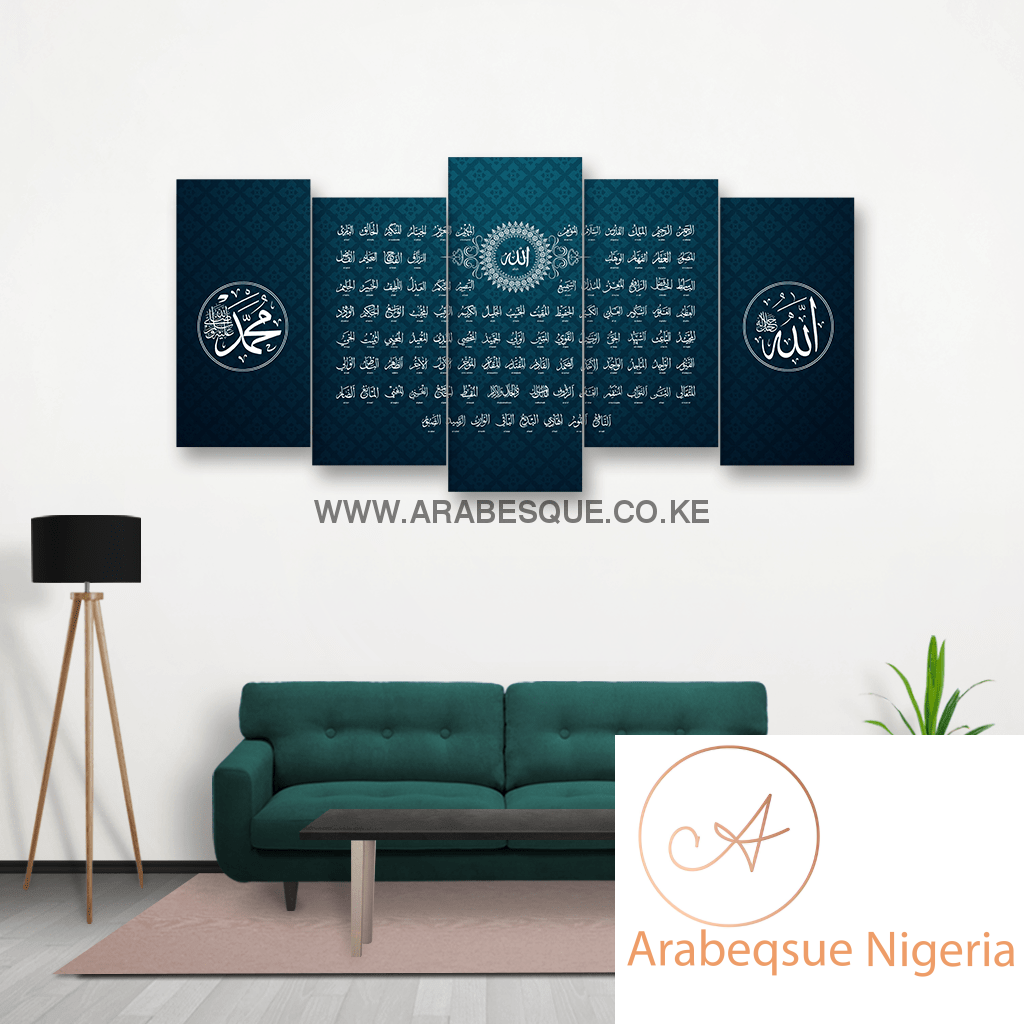 Asma Ul Husna 99 Names Of Allah In Blue Motif Background - Arabesque Nigeria-Buy Islamic Art Nigeria
