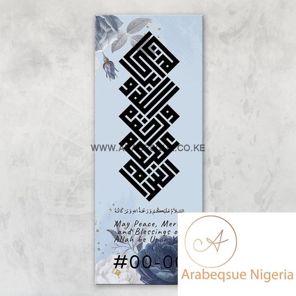 Assalamualaikum Kufi Blue Flower Stretched Canvas Frame - Arabesque Nigeria-Buy Islamic Art Nigeria