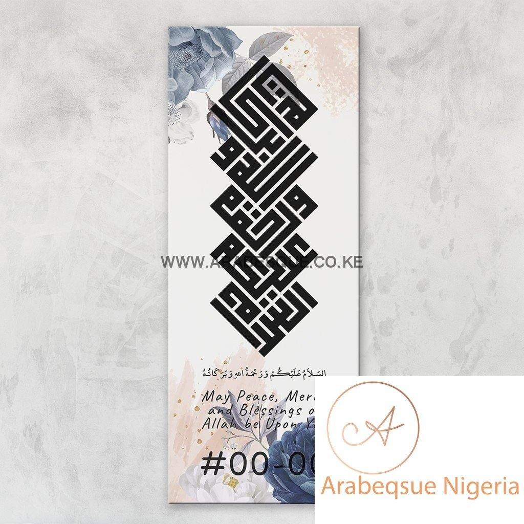 Assalamualaikum Kufi Blue Pastel Flower Stretched Canvas Frame - Arabesque Nigeria-Buy Islamic Art Nigeria