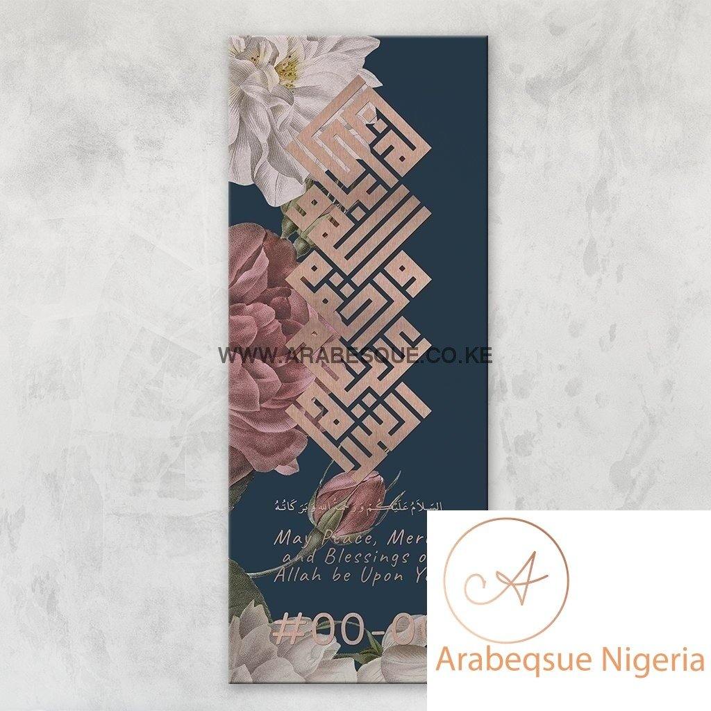 Assalamualaikum Kufi Rose Gold Blue Flower Stretched Canvas Frame - Arabesque Nigeria-Buy Islamic Art Nigeria
