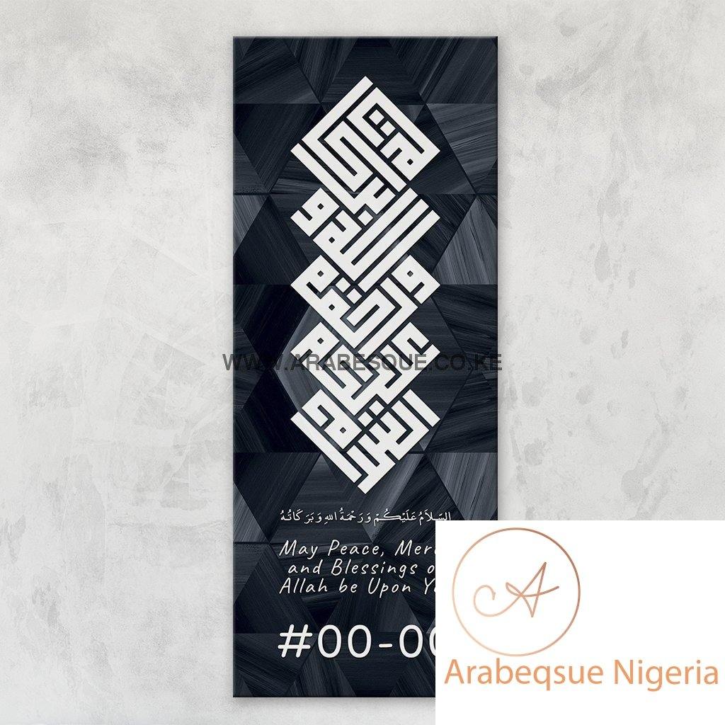 Assalamualaikum Kufi Blue Hex Marble Stretched Canvas Frame - Arabesque Nigeria-Buy Islamic Art Nigeria