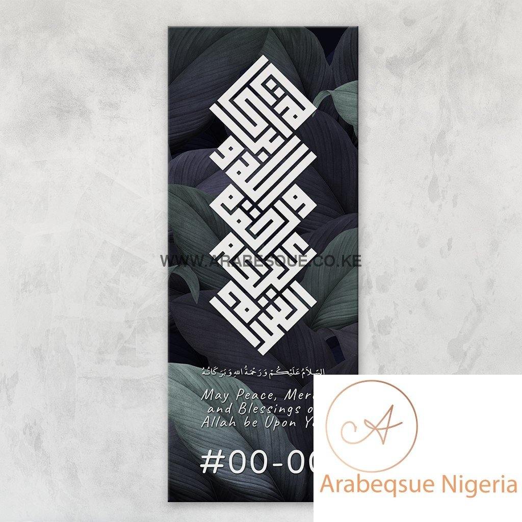 Assalamualaikum Kufi Green Tropical Leaves Stretched Canvas Frame - Arabesque Nigeria-Buy Islamic Art Nigeria