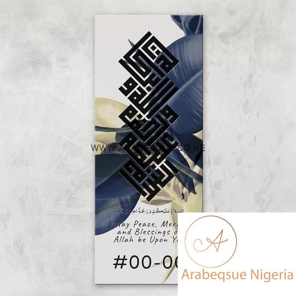 Assalamualaikum Kufi Abstract Blue Leaves Stretched Canvas Frame - Arabesque Nigeria-Buy Islamic Art Nigeria