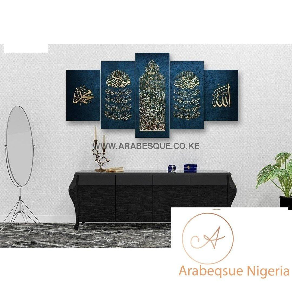 Ayatul Kursi Al Falaq An Nas 5 Panels Gold Blue Texture - Arabesque Nigeria-Buy Islamic Art Nigeria