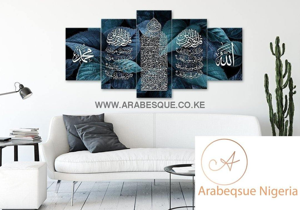 Ayatul Kursi Al Falaq An Nas 5 Panels Metallic Blue Leaves - Arabesque Nigeria-Buy Islamic Art Nigeria